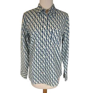 J.Crew Seahorse Print Linen Cotton Button Down Shirt Size 4 CostalBlue & White